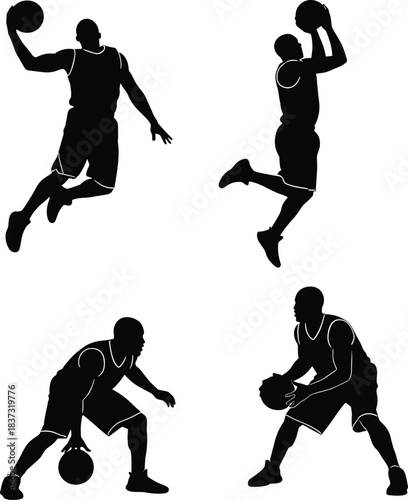 Set of four basketball player silhouettes performing dunk dribble and jump shot actions for sports tournaments and athletic vector graphics