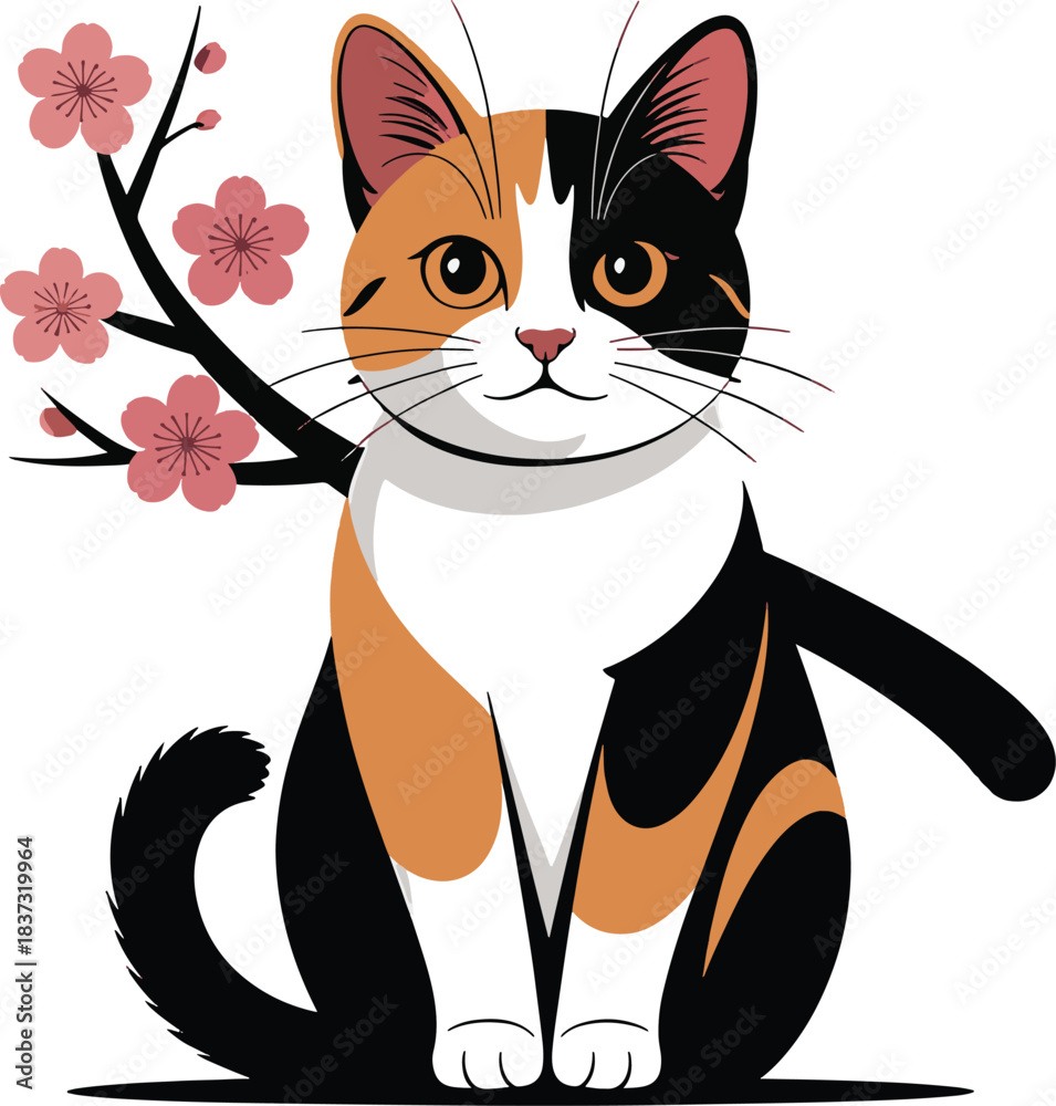Obraz premium Sweet calico cat illustration with cherry blossoms. cute pet vector art.
