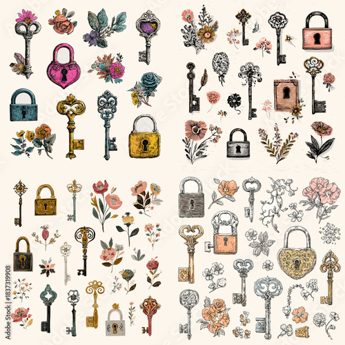 An ornate illustration set of vintage keys, locks, and floral decorations in charming decorative style, ideal for romantic themes, stationery, branding, and creative craft projects.