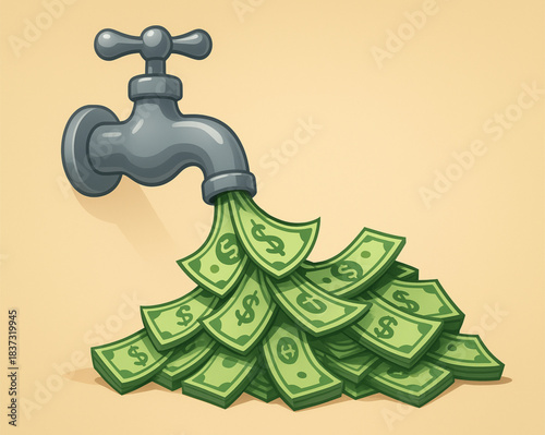 A 3D-style vector illustration of a faucet gushing out dollar bills, forming a large pile of money below. Designed in a playful caricature style with soft shadows, smooth gradients, and clean outlines