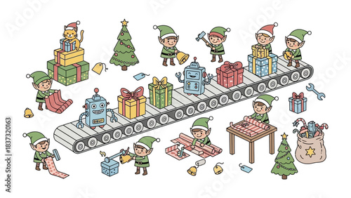 Holiday Production Line: In the flurry of festive preparation, diligent elves orchestrate the seasonal conveyor belt, meticulously preparing an array of gifts. With cheerful dedication.
