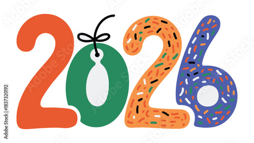 Year 2026: A vibrant and colorful digital illustration of the year 2026, set against a clean backdrop, perfect for New Year designs. 