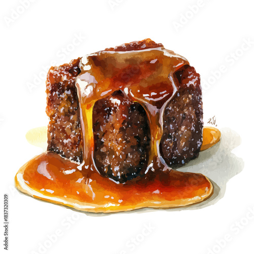 A watercolor painting of Sticky Toffee Pudding, vector illustration on white background.