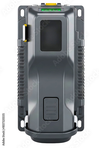 Grey industrial plastic electronic enclosure box with mounting holes isolated on a transparent background