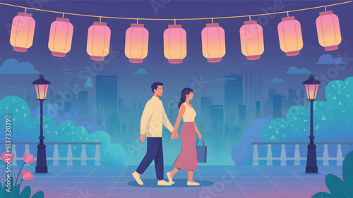 Couple walking at night under paper lanterns city skyline