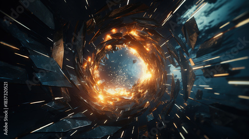 Fototapeta Naklejka Na Ścianę i Meble -  Massive glowing metal HUD ring of a futuristic space station, dramatic sci-fi environment
