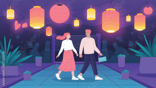 Couple walking under glowing lanterns at night vector