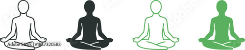 Meditating figures vector icons. outline and solid, black and green, lotus pose. peace, yoga, wellness concepts.