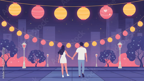 Couple holding hands walking under string lights at night