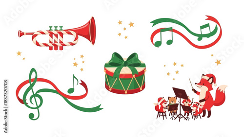 Festive Symphony: An illustration capturing the essence of the festive spirit, it showcases an array of holiday-themed musical elements. Featuring a trumpet, drum, music notes.