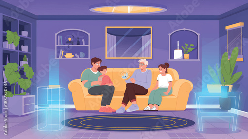 Family relaxing on sofa in a purple room with futuristic elements