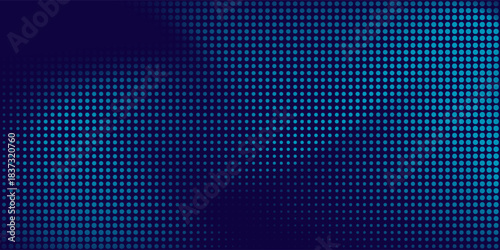 Abstract light blue dynamic wavy dots with texture on dark blue background. Copy space of dark blue. Modern dots with mesh presentation