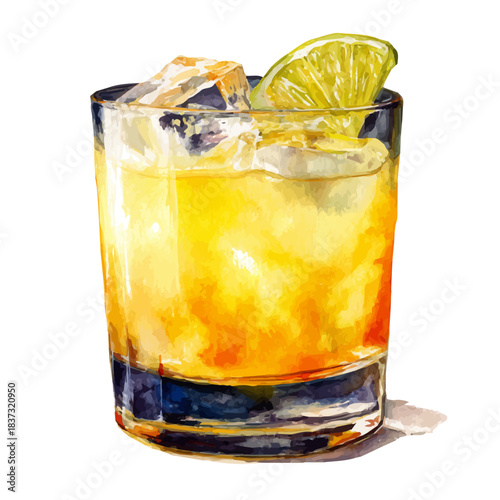 Whiskey Sour in watercolor painting style, vector illustration on white background.