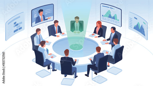 Business meeting around a circular table with digital displays