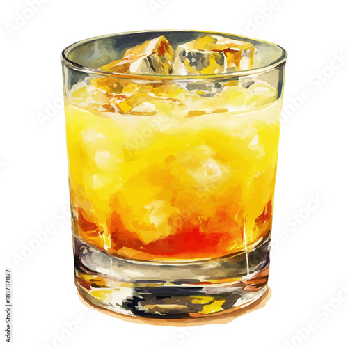 Watercolor painting of Whiskey Sour, vector illustration, isolated on white background.