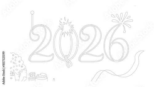 New Year Celebration 2026: Festive outlines mark the start of the year with decorations and fireworks, perfect for holiday greetings and celebratory projects.