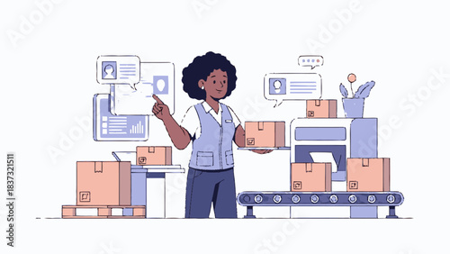 Woman managing packages on a conveyor belt in a warehouse.