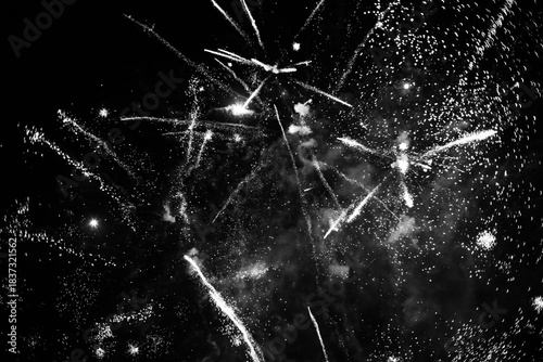 Black and White Fireworks Explosions in Night Sky - Abstract Surreal Monochrome Design, Horizontal Format