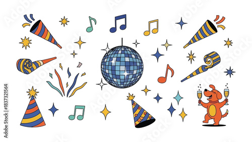 Festive Celebration: Capturing the energy of a vibrant celebration, this illustration features party essentials, musical elements, and playful imagery.