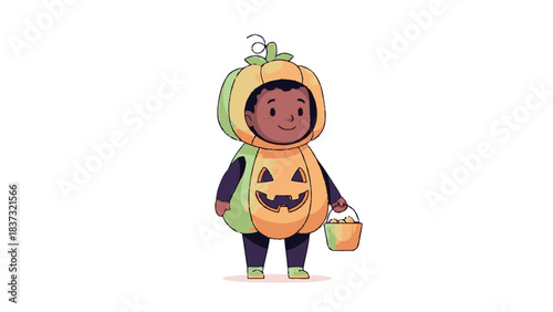 Adorable child in pumpkin costume ready for Halloween trick-or-treating.