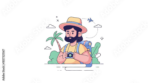 Bearded male traveler with camera and backpack ready for adventure.
