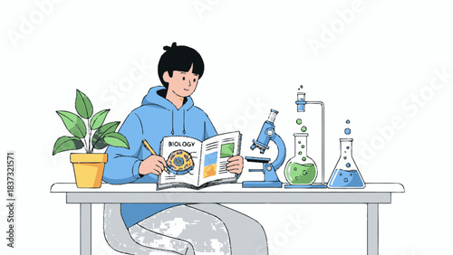 Young student engrossed in scientific study with microscope and beakers.