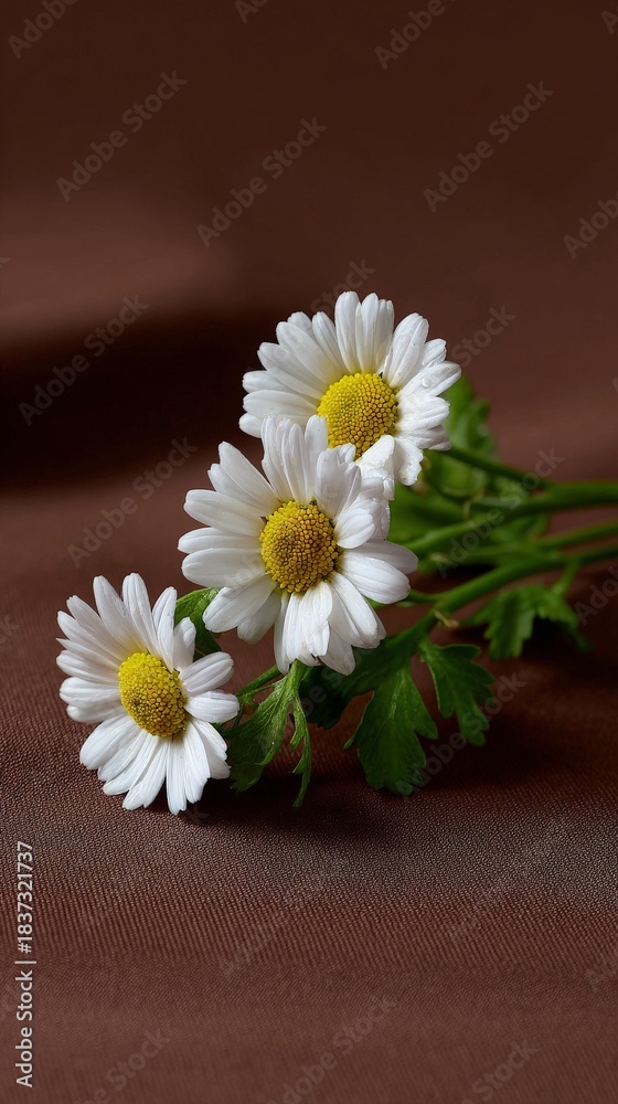 Obraz premium Beautiful white daisies on brown background with green leaves