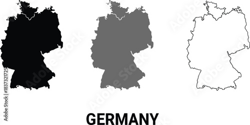 Vector map of Germany in three styles: solid black silhouette, dark gray fill, and clean outline, ideal for geographical infographics, educational presentations, and travel projects.