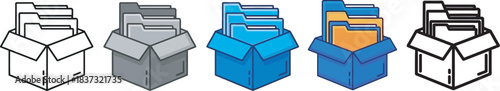 Varied set of five file folder box icons in different styles, representing data storage, document organization, and information archiving.