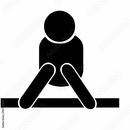 Simple black pictogram of a person sitting down in a wide stance