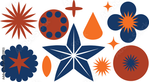 Collection of star and flower shapes on white.