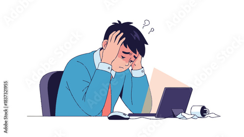 Stressed businessman suffering from burnout at work.