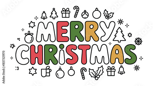 Festive Christmas Cheer: A jubilant, colorful Merry Christmas typography illustration, surrounded by charming holiday symbols, spreads joy and warmth, evoking the spirit of the season.