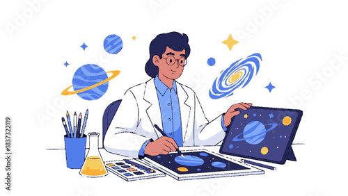 Astronomer studying planets and galaxies with digital tablet and drawing tools.
