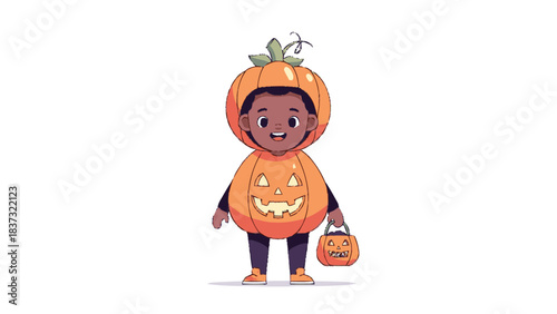 Cute child in pumpkin costume ready for Halloween trick or treat.