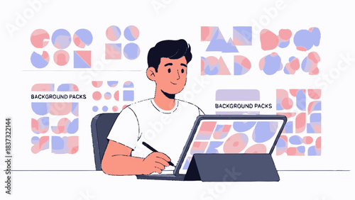 Young male graphic designer working on a digital tablet with a stylus.