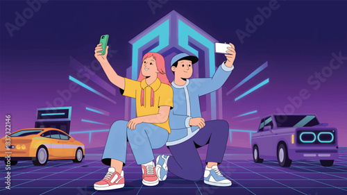 Couple taking selfie with smartphones in neon retro futuristic city