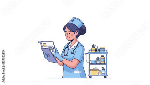 Dedicated Nurse Reviewing Patient Chart with Medical Cart Nearby.