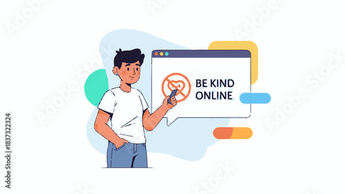 Young man promoting kindness and positive interaction online.