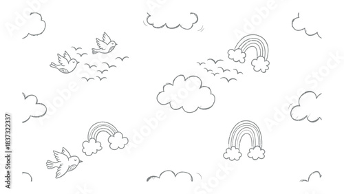 Sky Sketch: A whimsical sketch depicts a dreamy sky scene, featuring fluttering birds, fluffy clouds, and vibrant rainbows.