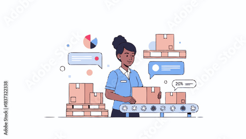 Woman working in a warehouse, managing packages on a conveyor belt.