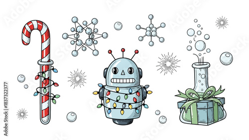 Festive Fusion: Christmas elements creatively integrated with a touch of robotic elements, set against a pristine canvas. 