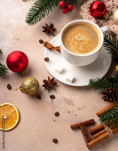 Navidad, café, cappuccino, chocolate caliente, invierno, bebidas calientes, tazas, mesa de madera, bokeh, luces navideñas, decoración, ambiente festivo, nieve artificial, canela, anís estrellado, crem