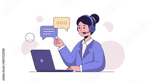 Customer service representative with headset and laptop providing support.