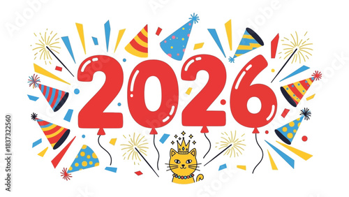 Countdown to Celebration: Festive illustration of the year 2026, featuring party hats, fireworks, and a cheerful cat mascot, ready to herald in a year of joy and celebration. 