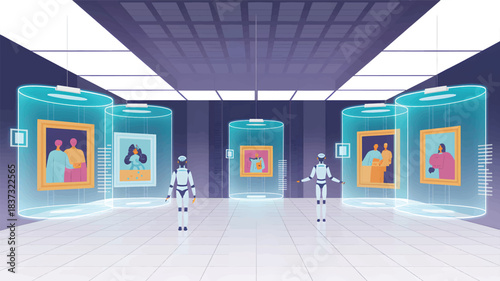 Robots in futuristic museum displaying art in glowing cylinders