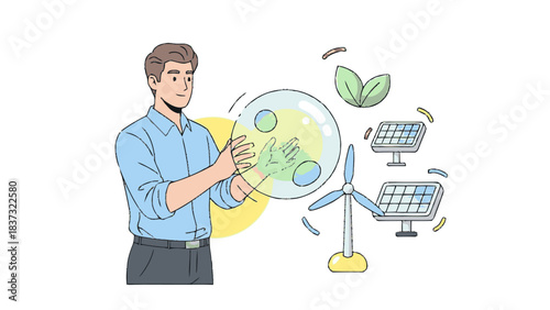 Man holding a globe, surrounded by renewable energy symbols.