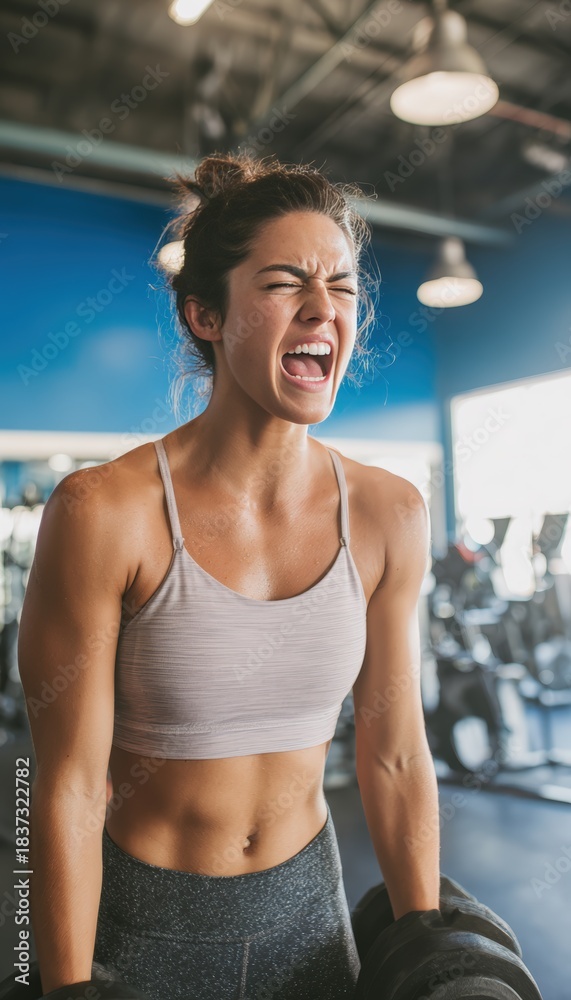 Fototapeta premium Woman Startled by Loud Timer During Workout in Modern Gym