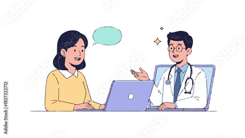 Woman consulting with a doctor online via laptop for telehealth.