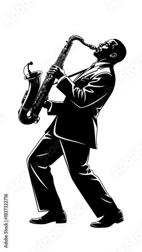 Stunning silhouette of a talented jazz musician passionately playing a saxophone on stage